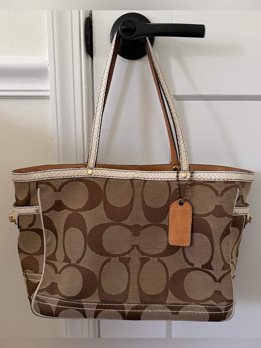 Coach Tan & Brown Signature Canvas Tote with Leather Tag